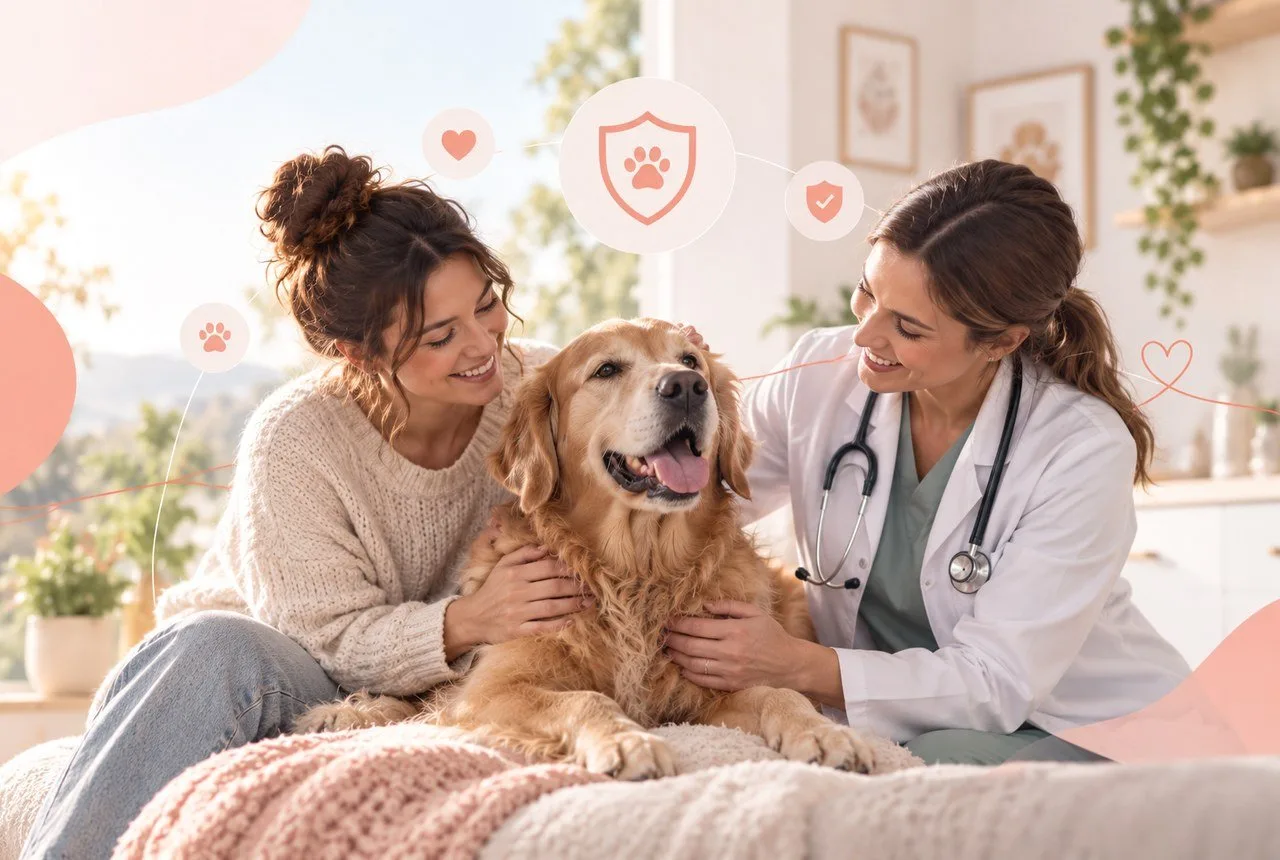 Owner and veterinarian talking beside a dog on a sofa